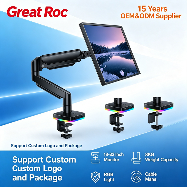 Gaming Desktop Monitor Stand, Multi Angle Full Motion Monitor Stand With RGB Ambient Light Cable Management Monitor Desk Mount