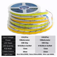 Bande LED COB DC 12V 24V 624LEDs 616LEDs 12mm Double Bande LED Flexible 3000K 4000K 6000K