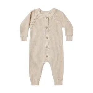 Button baby sweater rompers Natural Baby Clothes waffle long sleeve baby jumpsuit organic cotton knit rib romper for infant