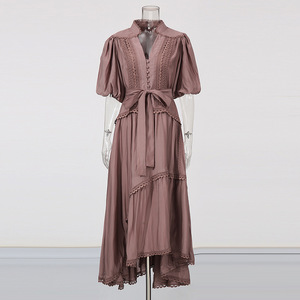 Abiti <span class=keywords><strong>lunghi</strong></span> semplici in tinta unita francese 2025 nuovo scollo a V con maniche a sbuffo in vita abito irregolare da donna - Product Image 6