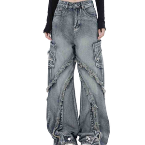 <span class=keywords><strong>Jeans</strong></span> Casual stile retrò americano Casual a gamba larga in maglia Denim <span class=keywords><strong>con</strong></span> ampie tasche sfrangiate <span class=keywords><strong>con</strong></span> bordi consumati motivo lavato per l'autunno - Product Image 2