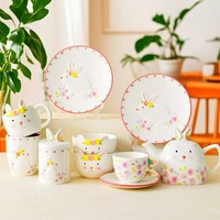 Service de table en céramique émaillée Lapin de Pâques, motif floral et animalier, assiettes, bols, tasses, théière, style nordique frais et mignon pour le printemps