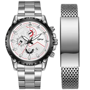 นาฬิกาเงินหรูหราสีดำสำหรับผู้ชายพร้อมสร้อยข้อมือชุดของขวัญนาฬิกาแบรนด์ตามสั่งราคาโรงงาน