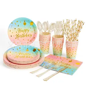 Bộ Đồ Ăn Nhật Bản Dùng Một Lần Đĩa Chúc Mừng Sinh Nhật 10 Khách Cốc Khăn Ăn Bộ Đồ Ăn Sinh Nhật Trang Trí Bàn Bộ Đĩa Giấy - Product Image 1