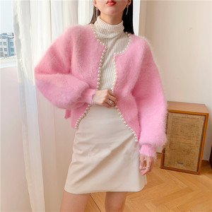 HANOU Winter New Women Knitted French Handmade Pearl Warm Mohair Round Neck Puff Sleeve <strong>Cardigan</strong> <strong>Sweater</strong> - Product Image 4