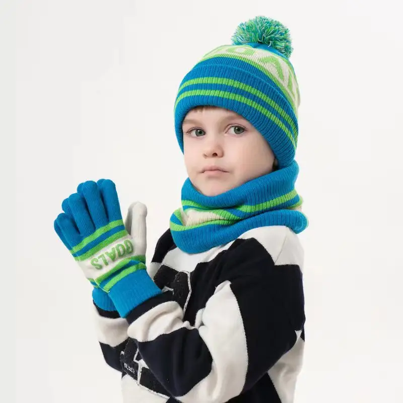 Topi dan syal anak laki-laki, Set topi musim dingin hangat dengan syal lapisan bulu