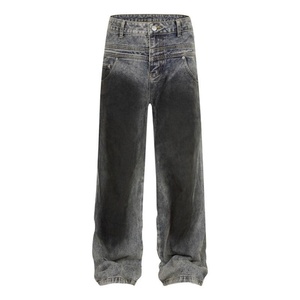 Jeans de Mezclilla para Hombre, Color Gris Claro y Gris Oscuro, Cintura Doble, Corte Recto Holgado, Estilo Desgastado, Pantalones Casuales con Dobladillo Apilado - Product Image 2