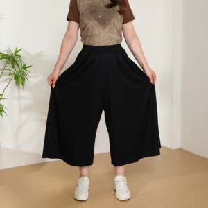 <span class=keywords><strong>Pantalon</strong></span> décontracté noir taille haute à jambe large en maille respirante unie pour <span class=keywords><strong>femme</strong></span>, en <span class=keywords><strong>polyester</strong></span> et <span class=keywords><strong>viscose</strong></span>, idéal pour l'automne - Product Image 3