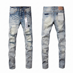Men's Designer Ripped <b>Jeans</b> Light Blue Distressed Skinny Fit Denim Pants Paint Splatter Hip Hop Streetwear Wholesale TKAN860 - Product Image 1