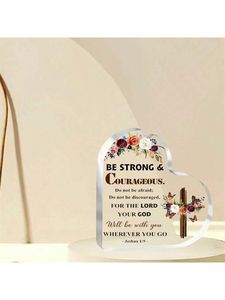 Regalo cristiano Joshua God escritura placa acrílica, fuerte valiente alentador para niños y niñas, escritorio de flores cruzadas en forma de corazón - Product Image 3