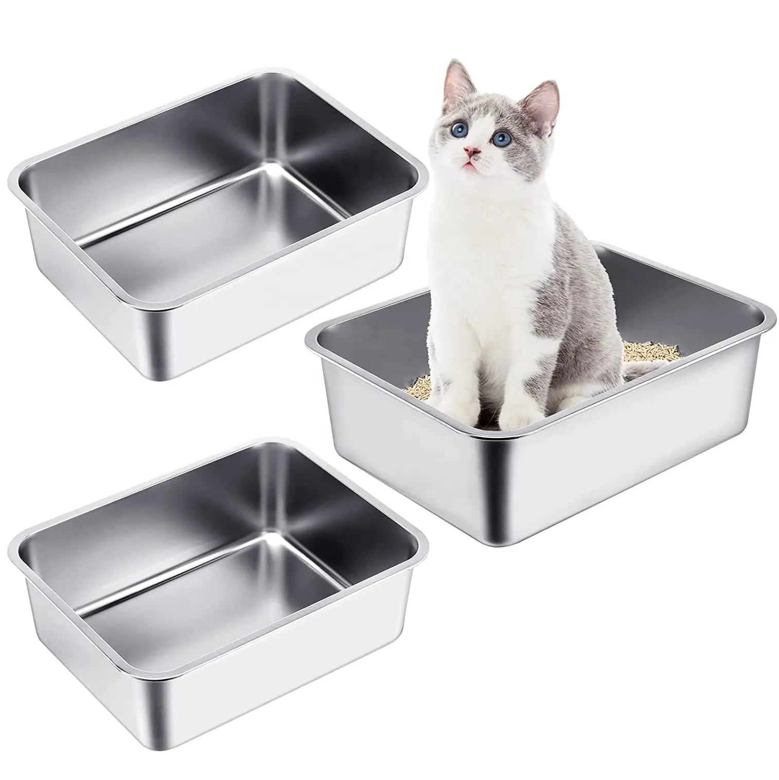 猫用の新しいステンレス鋼のトイレ、高辺の焦げ付き防止トイレお手入れが簡単防錆耐久性のある猫のトイレ