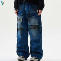 Pantalones vaqueros de trabajo holgados vintage azules de talla grande para hombre, con lavado descolorido, múltiples bolsillos y pierna ancha, tipo cargo.