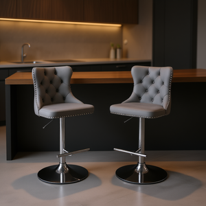 Ensemble de 2 tabourets de bar gris capitonnés, modernes, rembourrés, base chromée, hauteur réglable de 25 à 33 pouces, pour bar - Product Image 2