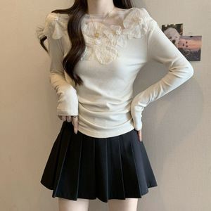 Chemisier T-shirt côtelé à col en maille florale 3D pour femme, manches longues, coupe ajustée, décontracté, tendance - Product Image 1