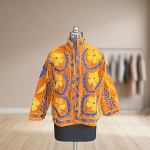 Veste en velours moutarde de luxe brodée, magnifique manteau court floral Suzani, vêtements d'extérieur d'hiver bohème pour femmes, cardigan à ouverture devant - Product Image 5