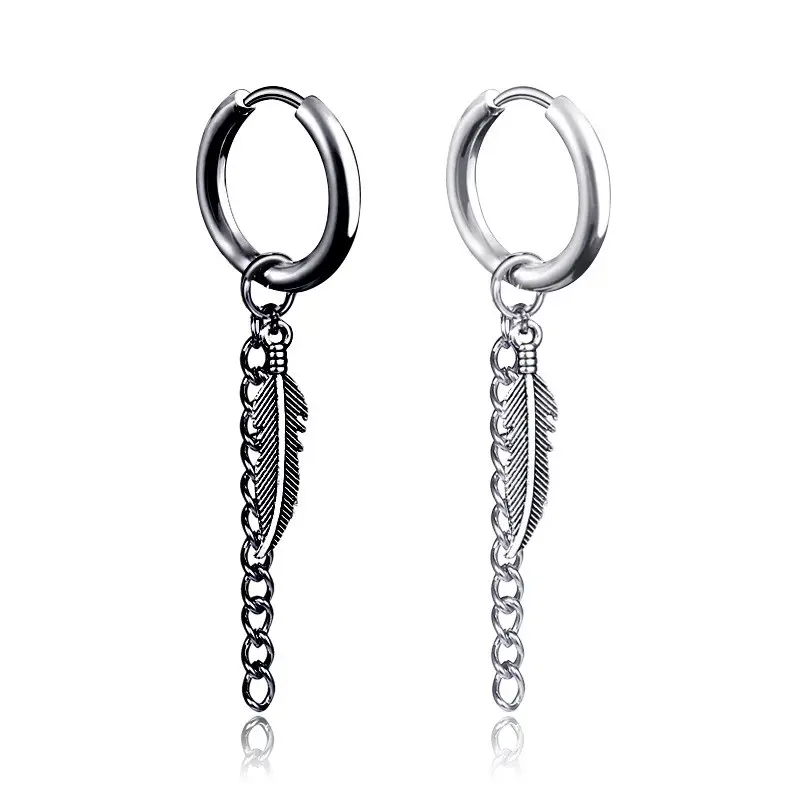 High Quality Stainless Steel Black Chain Tassel Earring Without Earholes Feather Charm Earrings For Men