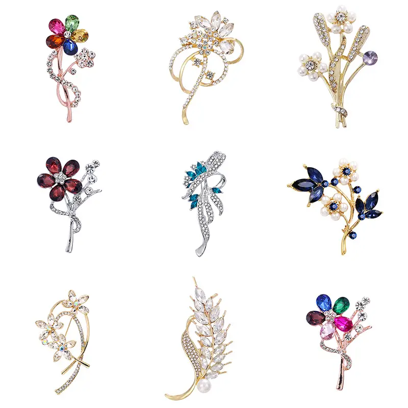 Factory custom high quality metal women flower design brooch luxury rhinestone Korean brooch pin wholesale