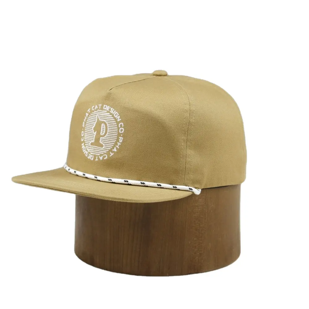 Flat bill adjust leather strap blank rope bill hat 5 panel nylon unstructured snapback cap