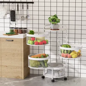 Estante de almacenamiento de frutas y verduras de 5 niveles con ruedas, carrito de almacenamiento de cocina, ahorro de espacio, estante de almacenamiento giratorio blanco