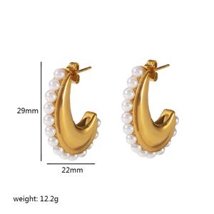 C-Shaped <b>Moon</b> Earrings 18K Gold Stainless Steel Stud Imitation Pearl Party Fashion Jewelry - Product Image 5