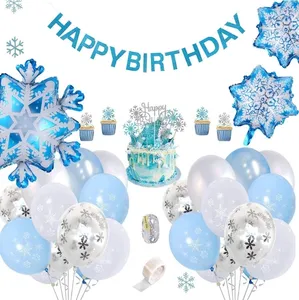 Blauw Wit Meisje Prinses Bevroren Sneeuwvlok Thema Gelukkige Verjaardag Vlaggen Latex Ballon Slinger Gors Feestartikelen Decoratie Set