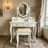 Ensemble coiffeuse blanche avec miroir LED, tabouret rembourré, tiroirs de rangement et design sculpté – Meuble de chambre
