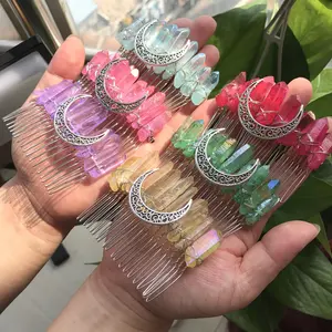 Peines para <span class=keywords><strong>el</strong></span> <span class=keywords><strong>Cabello</strong></span> <span class=keywords><strong>con</strong></span> Alambre de Latón y Cristales de Cuarzo de Colores, Tiara de Gemas de Cristal Reiki, Joyería para Fiestas, Bodas, Brujería, Mujeres - Product Image 1