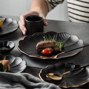 Creative Nordic Plant Pattern Matte <b>Black</b> Glaze Porcelain <b>Plate</b> Gold Edge Oven-Safe Dish for Home & Restaurant Parties - Product Image 2