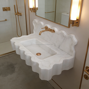 Lavabo mural en pierre pour salle de bain personnalisée, lavabo en marbre, lavabo à <span class=keywords><strong>main</strong></span>, lavabo en marbre blanc de Carrare avec dosseret - Product Image 4