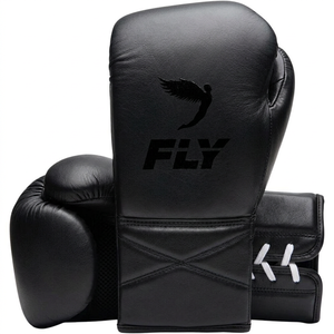 Gants de boxe noirs sur mesure avec logo Fly et motifs X, fabrication professionnelle, à lacets, pour entraînement et sparring. - Product Image 1