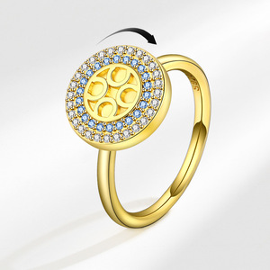 Anillos giratorios antiestrés de cobre chapado en oro con diseño geométrico de doble pavé, circonitas azules y blancas, y disco halo, para mujer - Product Image 2