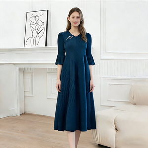 Jupe mi-longue trapèze Miyake Vintage bleu bud, nouvelle collection automne pour femme, robe élégante rajeunissante pour les voyages en bord de mer, grande taille - Product Image 2