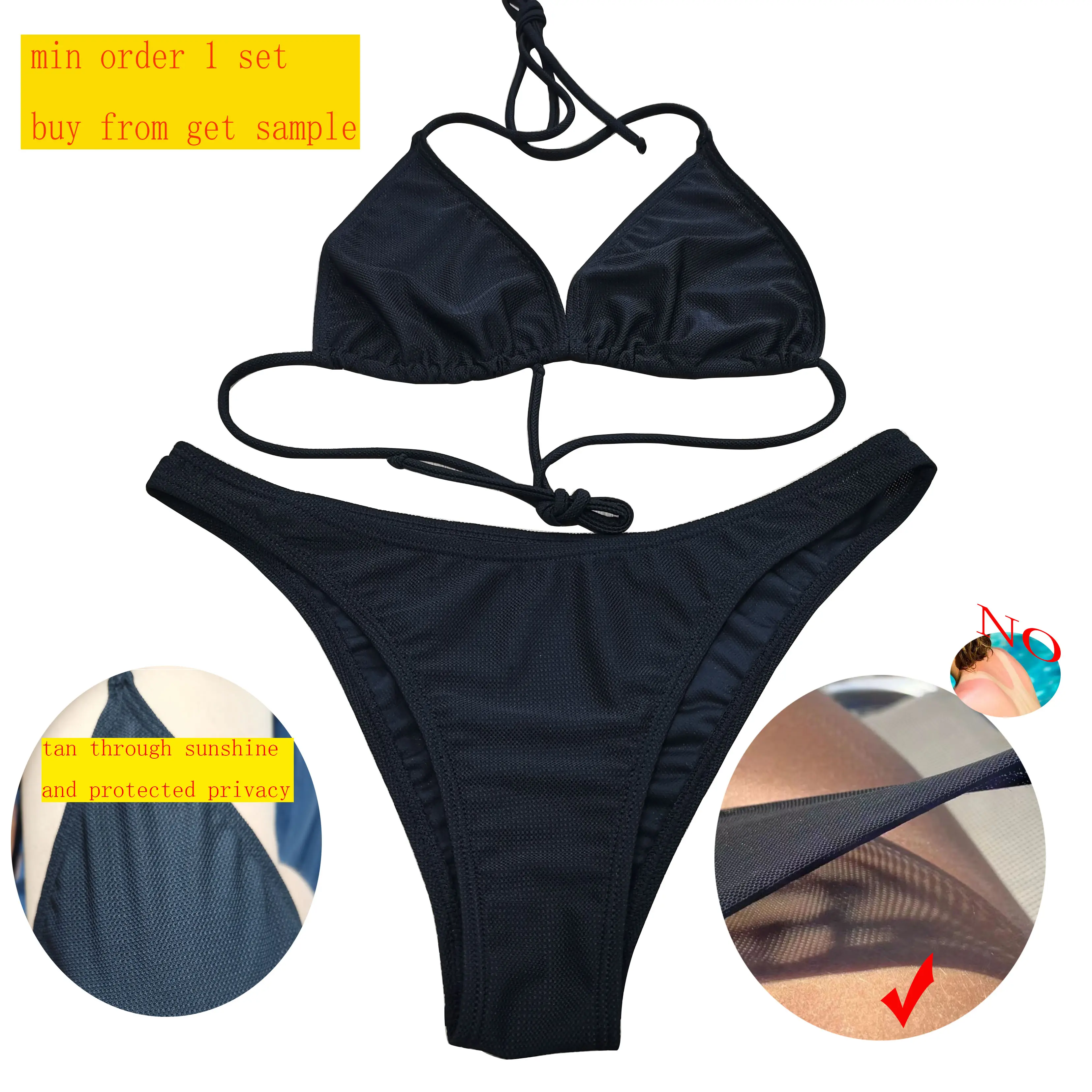OEM tan through swimwear Bikini Set for Women Swimwear Triangle Bathing Suit Tie String Thong