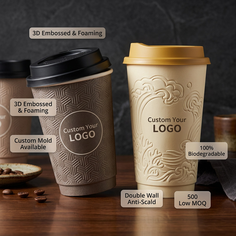 Eco Friendly Disposable 16oz PE Coated Paper Stereoscopic Paper Cup Hot Drinks Takeaway Packaging Double Wall
