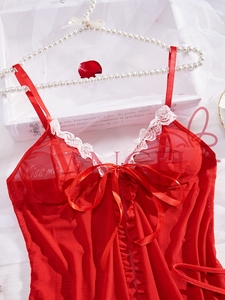 KISS ME ANGEL nueva moda malla roja cuello en V profundo ver a través <span class=keywords><strong>de</strong></span> lazo <span class=keywords><strong>de</strong></span> encaje sexy chicas encantadoras camisón babydoll Lencería - Product Image 4