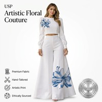 Conjunto de Dos Piezas para Mujer, Top Corto con Estampado Floral, Pantalones Anchos, Estilo Formal de Oficina, Elegante, Blanco y Azul, Artístico, de Lujo, Personalizado, Jinyuan