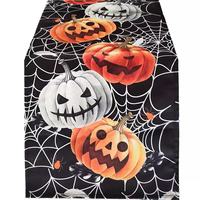 Chemin de table en lin noir à motif toile d'araignée et citrouille d'Halloween pour fêtes, décoration de table et salle à manger