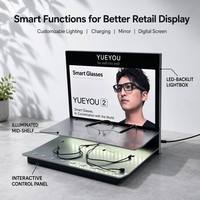 Présentoir interactif intelligent à deux niveaux pour lunettes, avec éclairage LED rétroéclairé, panneau de commande lumineux sur étagère intermédiaire et support de comptoir