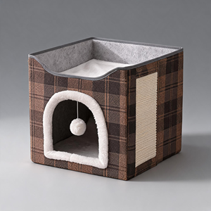 Maisonnette pour chat pliable de luxe en plaid, avec griffoir en sisal, lit douillet en peluche à 2 niveaux, condo pour chat d'intérieur - Product Image 1