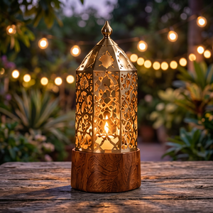 Lanterne marocaine ronde dorée avec base en bois et découpes métalliques, décoration vintage faite à la main par Aqdus Saleem pour mariage et Halloween - Product Image 3