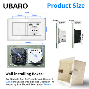 Ubaro European Standard 146 Type Touch Switch With 3 Way <b>Socket</b> And 2 Usb Ports Black Tempered Glass Panel - Product Image 4