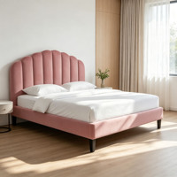 Modernes Rosa Samtbezogenes Plattformbett mit Gewelltem Muschelkopfteil Bettgestell Queensize Schlafzimmermöbel