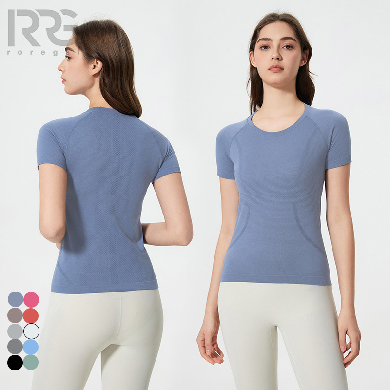 Roregal Summer Seamless Round Neck Yoga T-Shirt Slim Fit Quick Drying Breathable Running Women Sports Short Sleeved Top