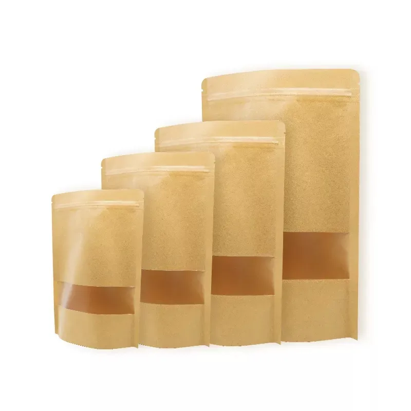 Biyobozunur kahverengi Kraft kağıt Stand Up Doypack kilitli torbalar açılıp kapanabilir kurutulmuş gıda ambalaj fermuarlı çanta pencere