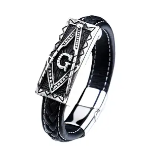 Mens Masonic Stainless Steel Freemason Genuine Leather Bracelets Cuff Bangles Fashion Jewelry Accessories Factory Wholesale OEM