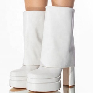 Trendy Short Overlay Platform Chunky High Heels Ankle <b>Boots</b> for Women Square Toe Folded Over Shoes - Product Image 2