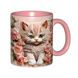 Mug en céramique cinq couleurs, motif chaton mignon avec roses roses, entièrement sublimé, avec poignée, réutilisable, pour usage domestique - Product Image 1