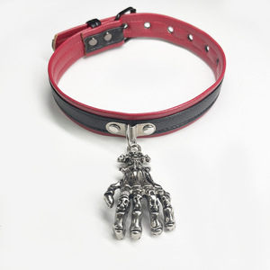 Red Black Leather <b>Choker</b> Skeleton Hand Pendant Punk Hip Hop Unisex Necklace Party Fashion Accessory - Product Image 1