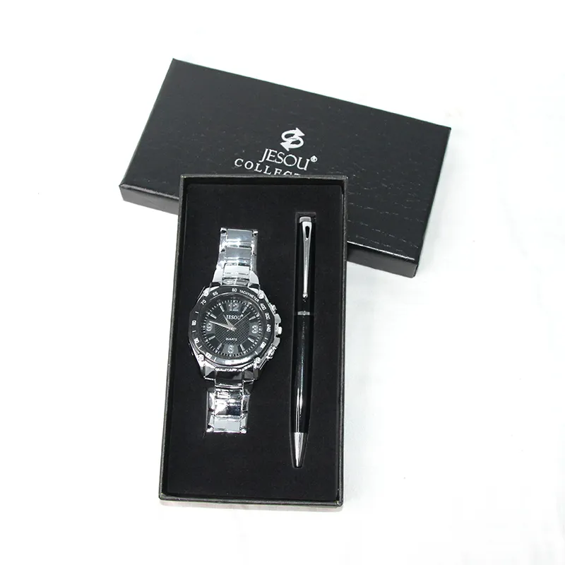 Fabriek Direct Business Pak Stalen Band Mannen Quartz Horloge Gift Handtekening Balpen Mannen Gift Set Groothandel