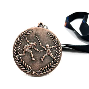 Médaille d'escrime en alliage de zinc 3D avec ruban Fabricant de médailles de trophée de sport en métal personnalisé